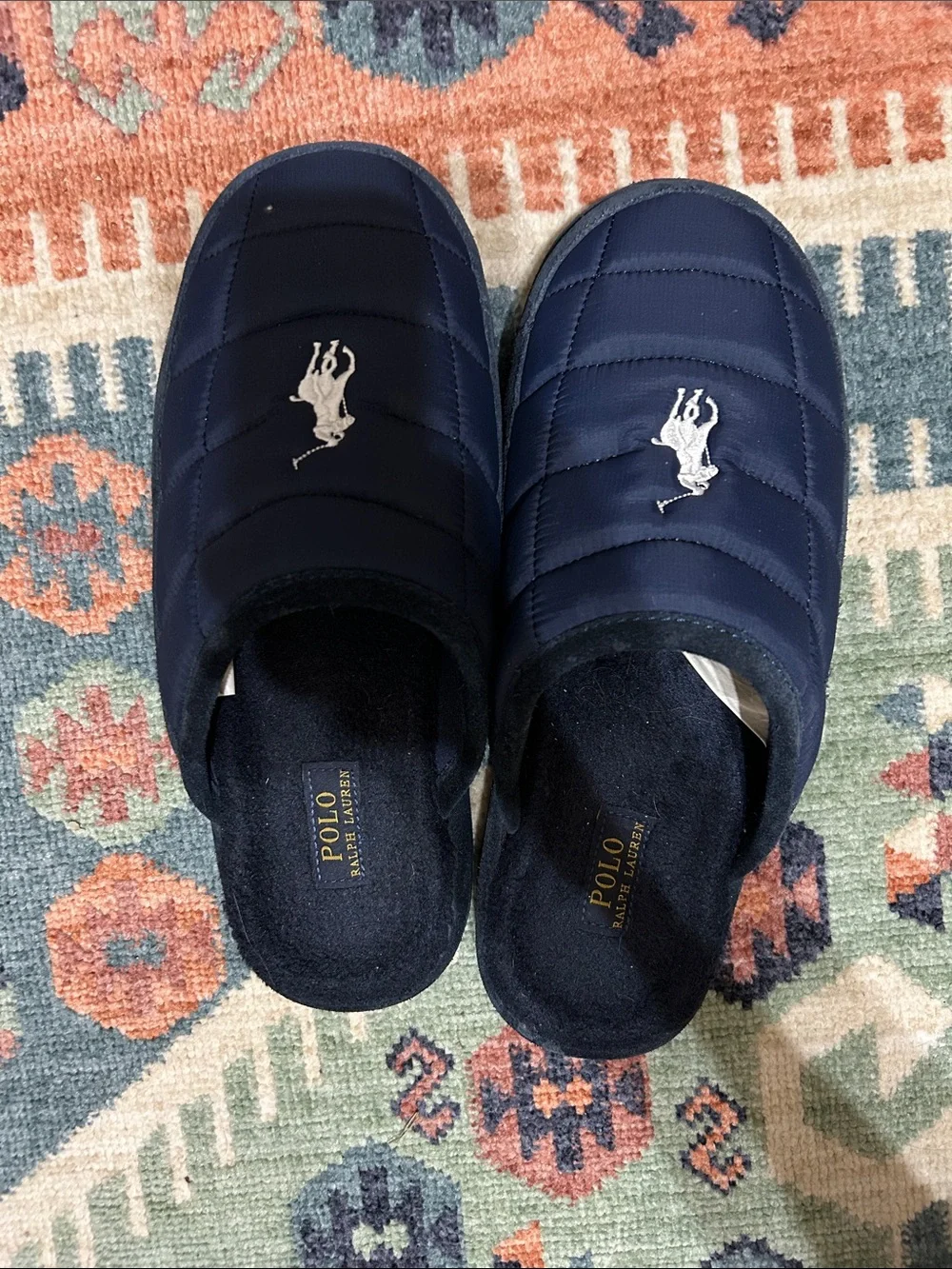Polo by Ralph Lauren Navy Quilted Slip-On Slippers with White Pony